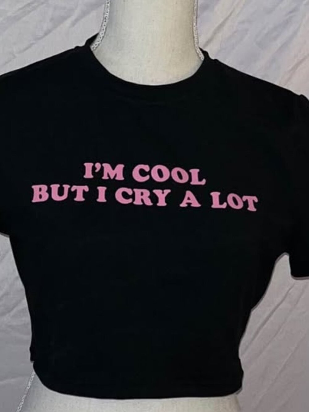 “I’m Cool But I Cry A Lot” Black and Pink Crop Top, Juniors Large - Picture 2 of 6